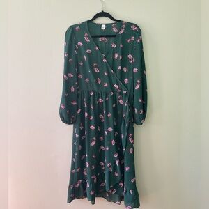 Faux Wrap Ruffle Knee Length Long Sleeve Floral Dress